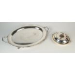 An oval twin handled tray on scrolling acanthus capped feet,