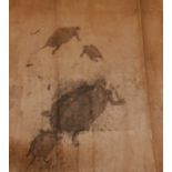 A Chinese scroll painted with a tortoise and her young, 68 x 72cm. Poor condition.