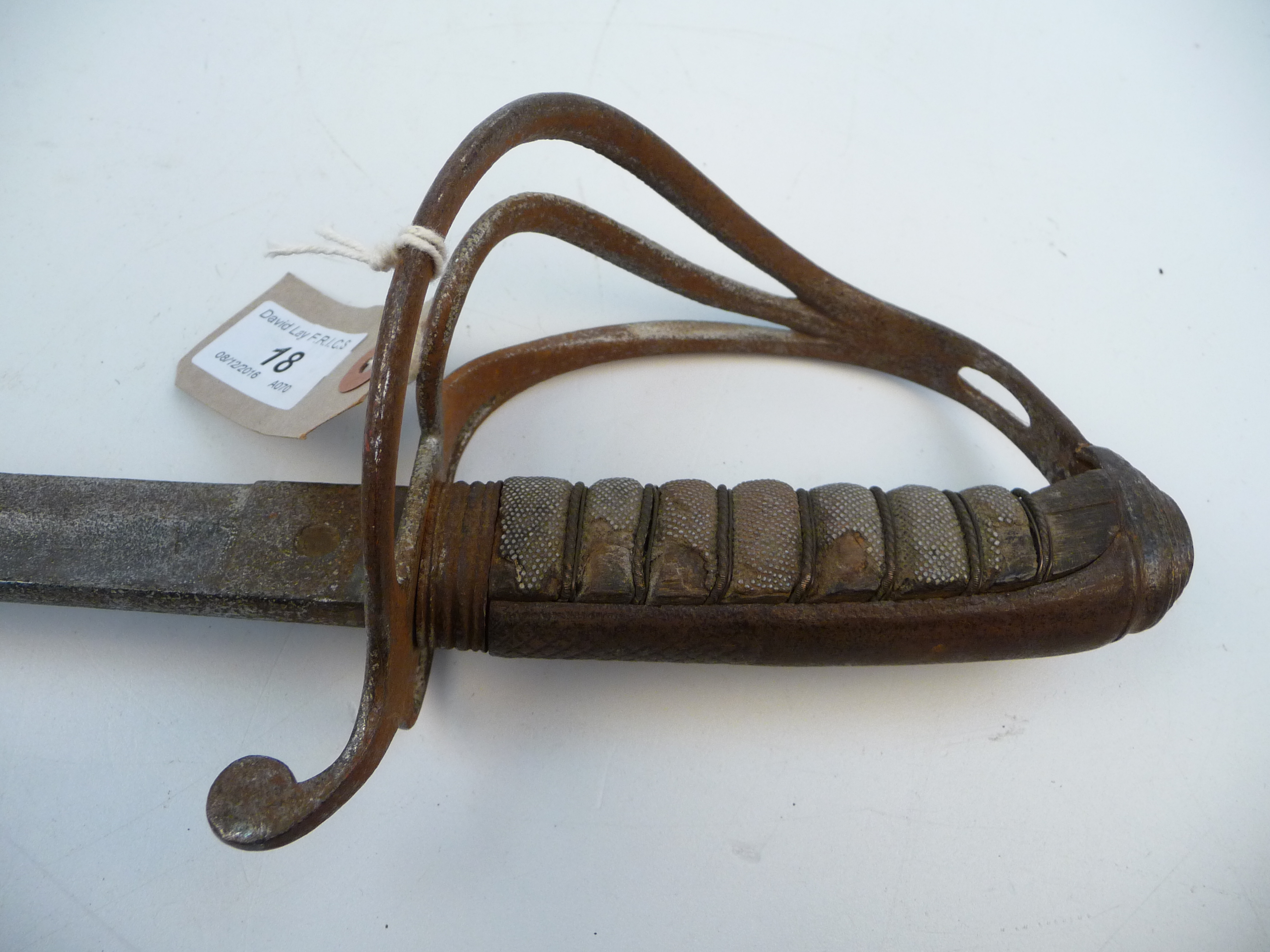 A 19th century naval sword with a basket guard and sharkskin wire bound grip, full length 95.5cm. - Image 4 of 5