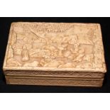 A Chinese carved wood box, the cover decorated with figures beneath a tree, 14 x 9cm.