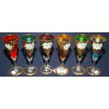 A set of six Venetian enamelled and gilt harlequin champagne glasses.