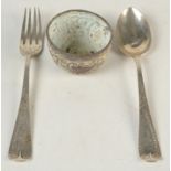 A Victorian child's spoon and fork, together with a small Victorian silver bowl.