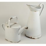 An Edwardian white enamelled domestic water can and a similar water jug.