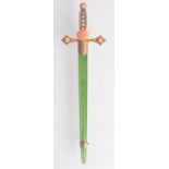 A good 9ct. gold coral, pearl and jade brooch in the form of a sword, length 9cm.