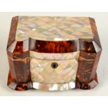 An unusual tortoiseshell and mother of pearl veneered two compartment tea chest of shaped outline.