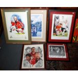 Five sporting prints, one shows the two American jockeys Bill Shoemaker and Steve Cauthen,