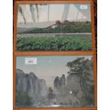 A pair of Japanese machine woven and hand coloured framed pictures,