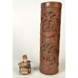 A Chinese bamboo brush pot carved with figures beneath trees, height 34cm,