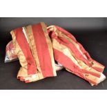 Two pairs of gold and deep red wide strip curtains, bought from Harrods, one pair length 280cm,