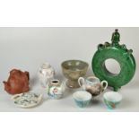 Miscellaneous oriental and european pottery and porcelain, including a signed Japanese stemmed cup,