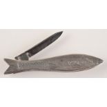 A rare silver fisherman's penknife, shaped and engraved to represent a fish,