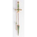 A good 9ct. gold jade and pearl sword and scabbard pin, maker's initials C.F.