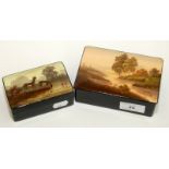 Two USSR papier mache rectangular lacquer boxes, one painted with a river scene,
