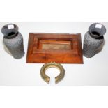 A small frame, a pair of Indian chased copper vases and a heavy African brass bangle.