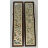 A pair of Chinese silk embroidered panels, 19th century, decorated with horses and flowering trees,