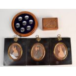 Three painted portrait silhouettes with papier mache, gilt brass mounted frames,
