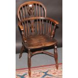 A pair of Windsor part yew wood low back vase splat armchairs with crinoline stretcher.