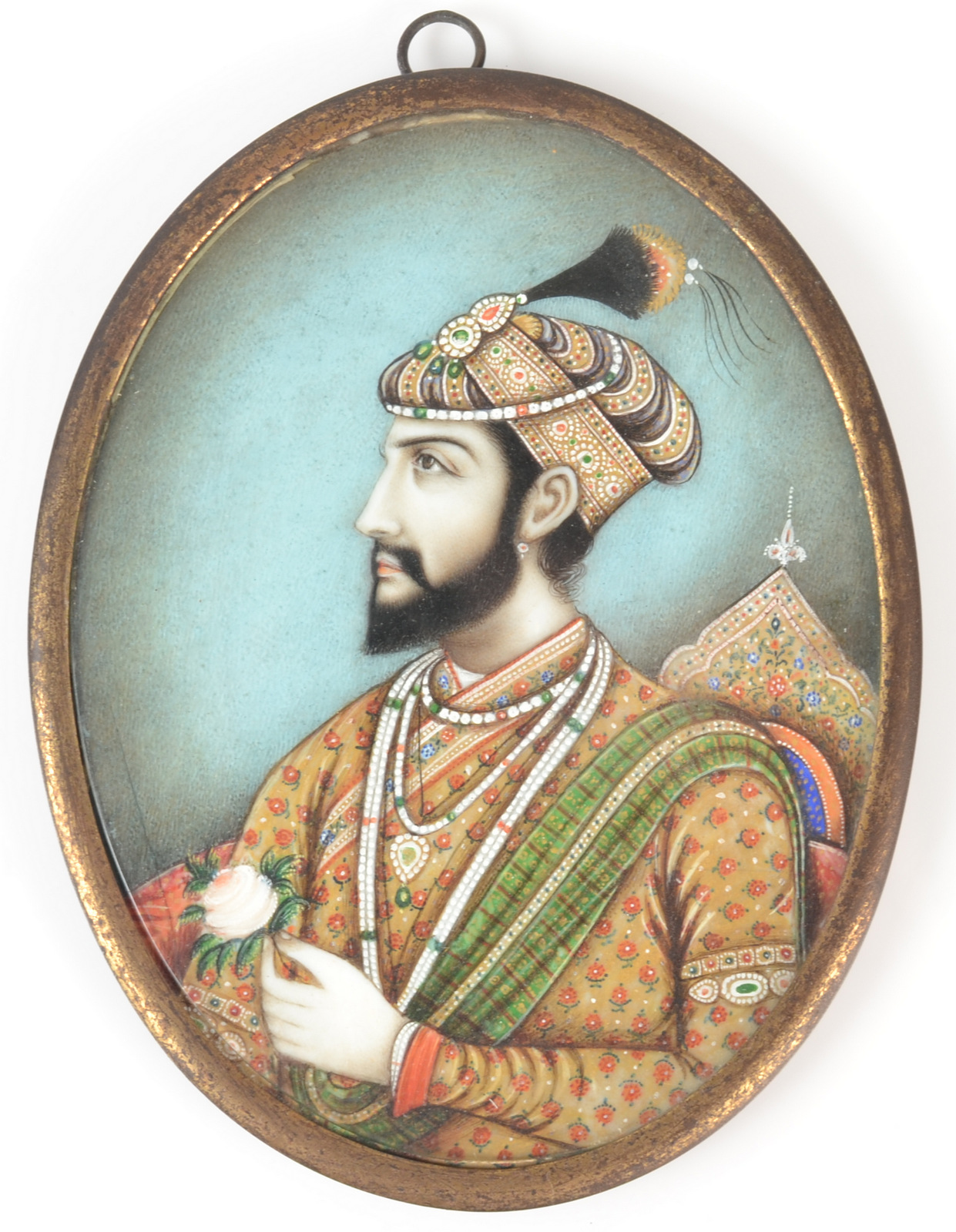 A 19th century Indian painted miniature of Emperor Shah Jahan, length 10.1cm, width 8.3cm.