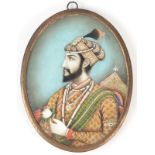 A 19th century Indian painted miniature of Emperor Shah Jahan, length 10.1cm, width 8.3cm.
