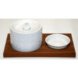 A Portmeirion iroko cheese board with 'Totem' pattern cheese cover and stand.