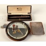 A silver propelling pencil, a silver thimble and a gold mounted silver cigarette case etc.