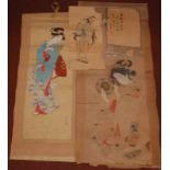 Two Japanese painted scrolls of geisha girls, one signed with character mark and seal,