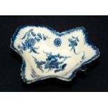 An 18th century Worcester leaf shaped pickle dish with blue painted decoration, open crescent mark.