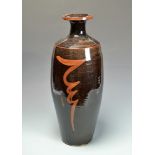 A stoneware vase with rust ilmenite brush decoration on Tenmoku glaze 53.