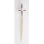 A platinum, 15ct. gold and pearl sword pin.