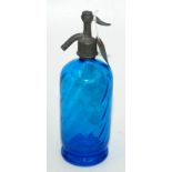 A Belgian spiral fluted blue glass soda syphon, etched with a ballooning scene, initialled CVT.