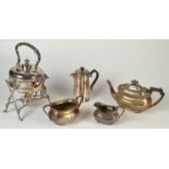 An EPBM spirit kettle, a three piece half fluted tea service and one other piece.