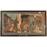 A Japanese woodblock print by Ichijusai Yoshikazu, pupil of Ichiyusai Kuniyoshi, Oban triptych,