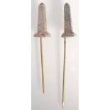 Two Cleopatra needle silver finial pins each with Victorian registration mark.