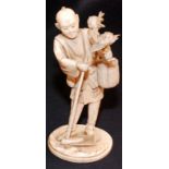 A Japanese ivory okimono carved as a standing farmer resting on his hoe while holding flowers and a