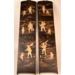 A pair of Chinese painted wood panels, 20th century, with raised bone figures of men and children,