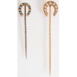 A Victorian gold horseshoe pin set with pearls and turquoise, and a heavy Victorian gold pin,