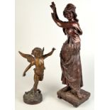 A spelter figure of a Spanish dancer, together with a reproduction bronze cherub.