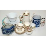 A Chinese export blue and white cylindrical mug with steel basket weave handle,