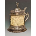 A late 19th century silver and ivory small Historismus tankard in 17th century style with a