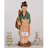 A pottery female figure, height 26.5cm and a pair of miniature Canton baluster vases, height 8.5cm.