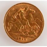 A George V half sovereign dated 1911, extremely fine.