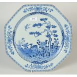 A Chinese blue and white porcelain octagonal plate decorated with a garden scene,