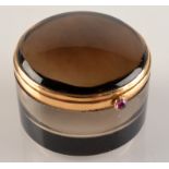 A French smoky quartz cylindrical small box with quartz domed lid,