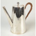 A plain Edwardian tapering small coffee pot by Walker & Hall with caned handle, 9.5oz.