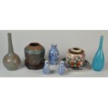 Five Chinese vases, three Chinese jars, a Chinese porcelain plate, diameter 20cm and a wood stand.