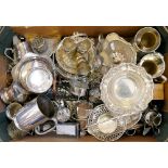 A quantity of plated ware, including tankards, condiment set, bon-bon dishes etc