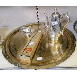 An Indian brass tray top, together with plated items (5)