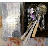 Hall-marked silver cigarette box, together with Victorian silver sugar tongs, miscellaneous plated