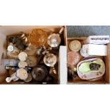 Two boxes of miscellaneous, includes scent bottles, horse figures, plateware, figurines etc