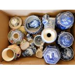 A box of blue and white, including Devonware, Jasperware, Minton ware etc